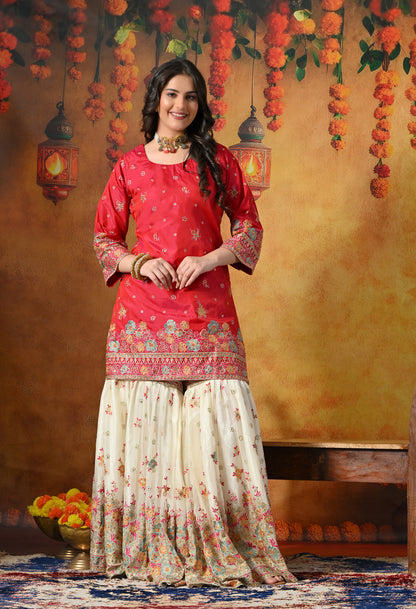 Pink Gharara Set With Multicolor Resham, Zari & Mirror-work