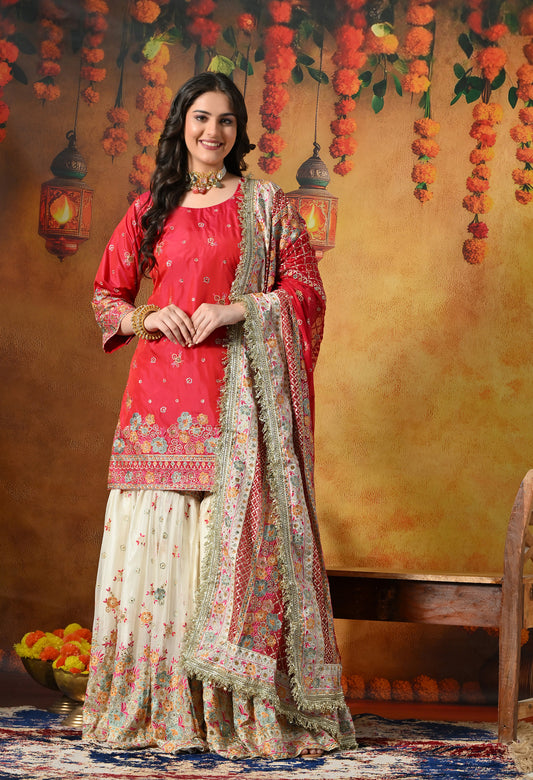 Pink Gharara Set With Multicolor Resham, Zari & Mirror-work