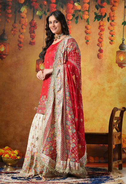 Pink Gharara Set With Multicolor Resham, Zari & Mirror-work