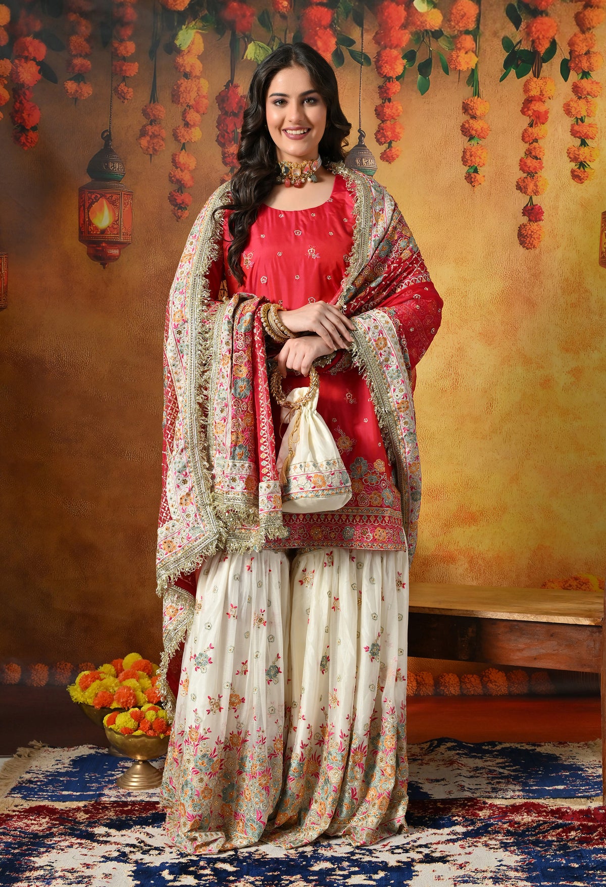 Pink Gharara Set With Multicolor Resham, Zari & Mirror-work