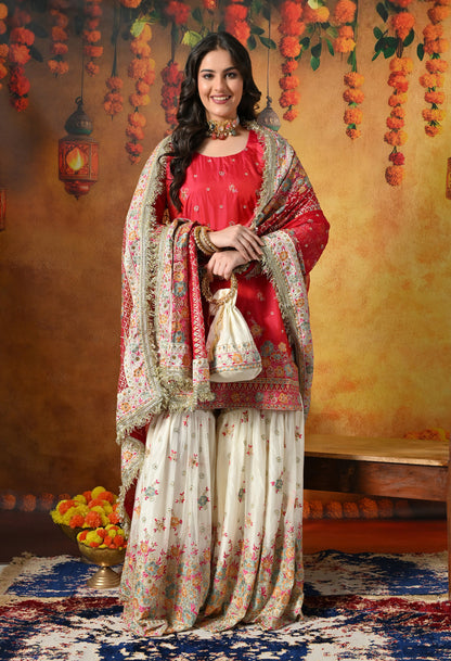 Pink Gharara Set With Multicolor Resham, Zari & Mirror-work