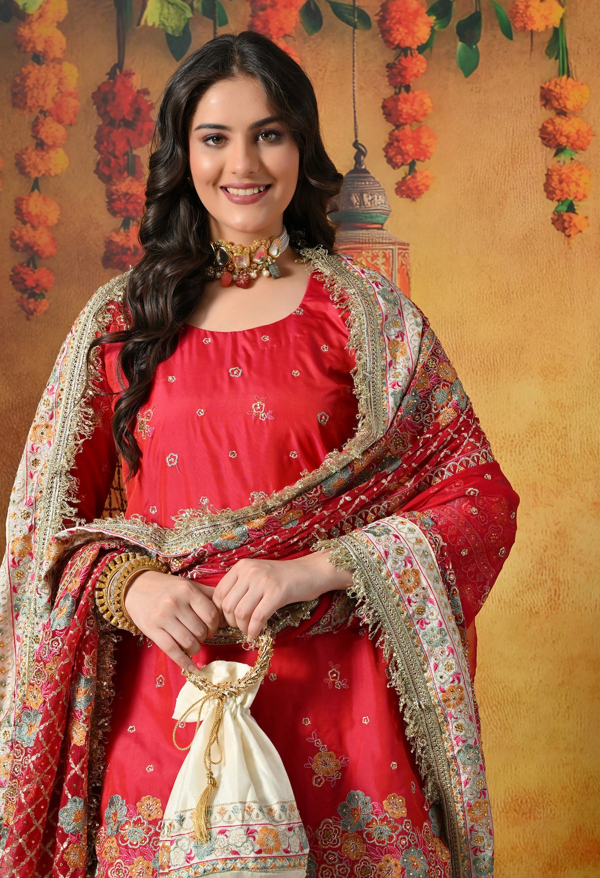 Pink Gharara Set With Multicolor Resham, Zari & Mirror-work