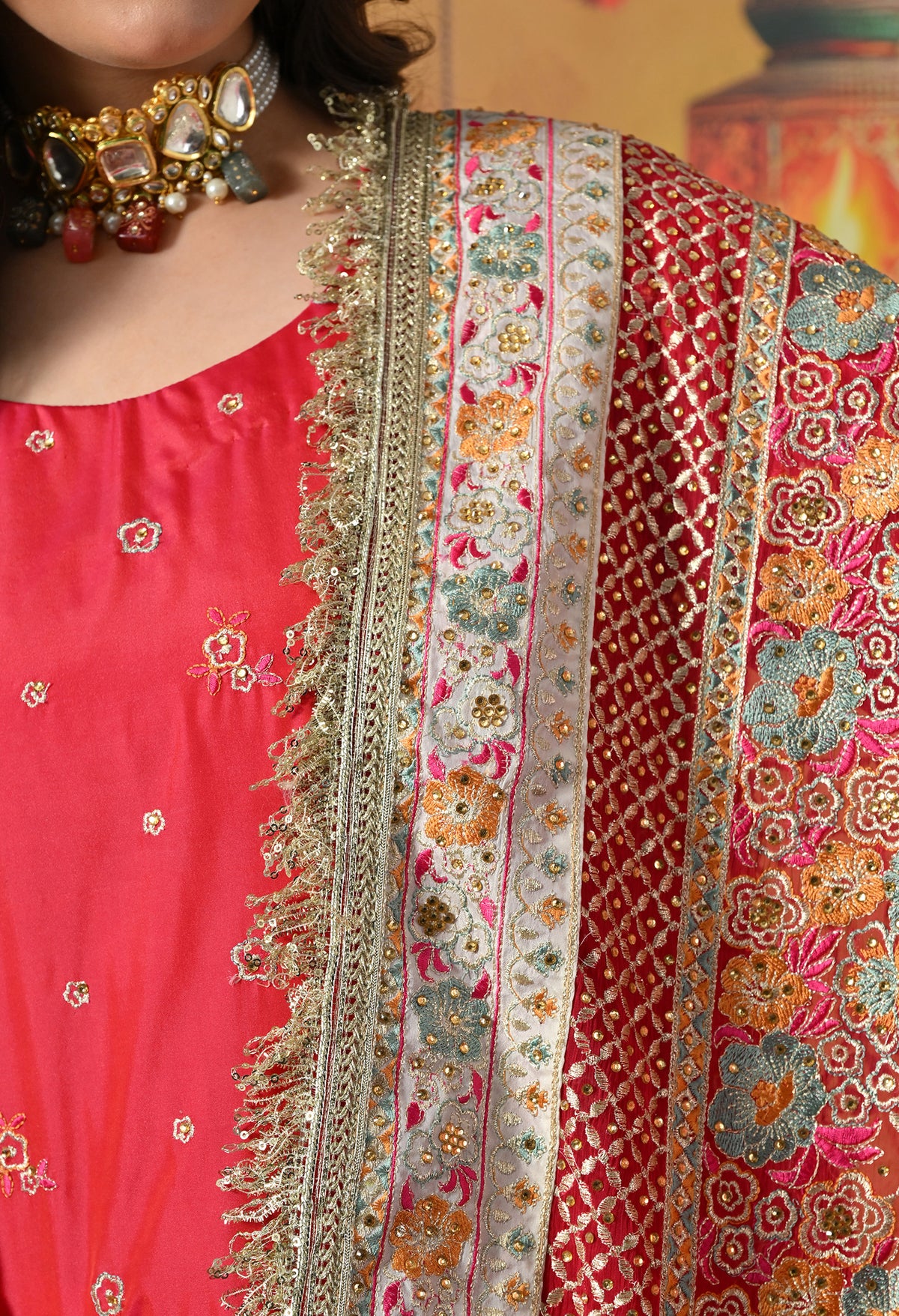 Pink Gharara Set With Multicolor Resham, Zari & Mirror-work