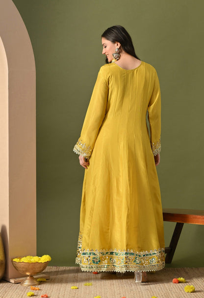 Yellow Anarkali Set with Gotta, Zardozi & Applique Work.