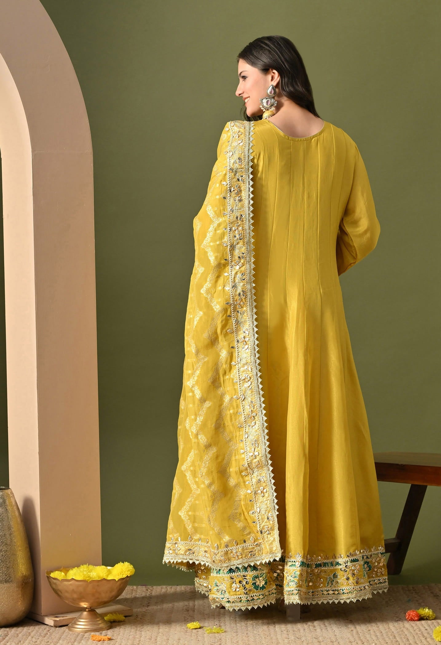 Yellow Anarkali Set with Gotta, Zardozi & Applique Work.