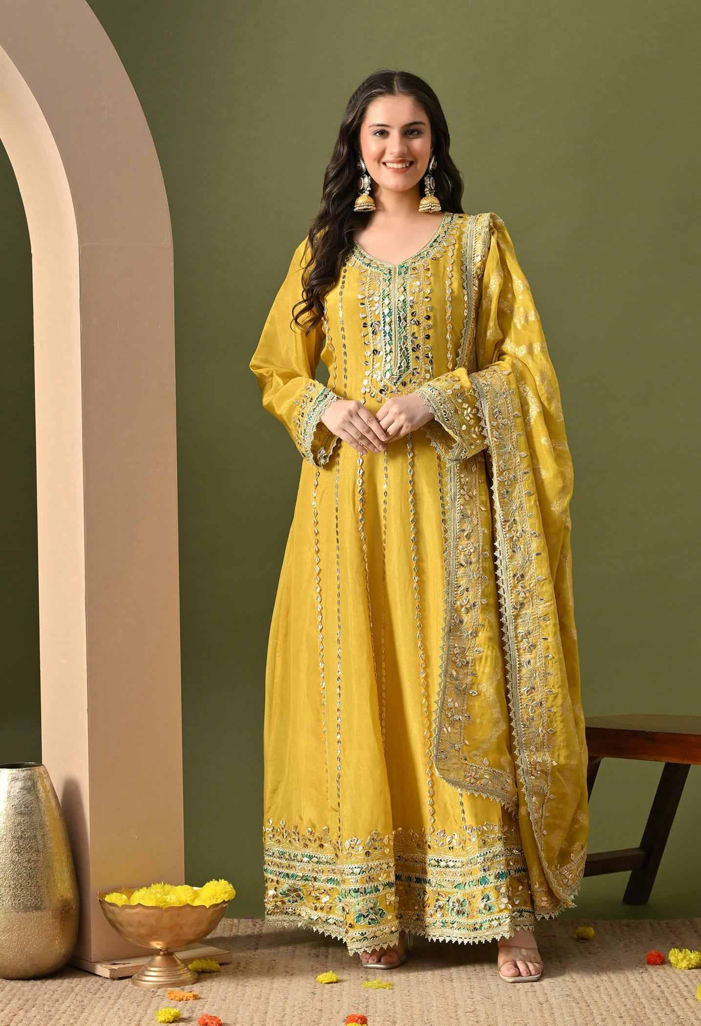 Yellow Anarkali Set with Gotta, Zardozi & Applique Work.