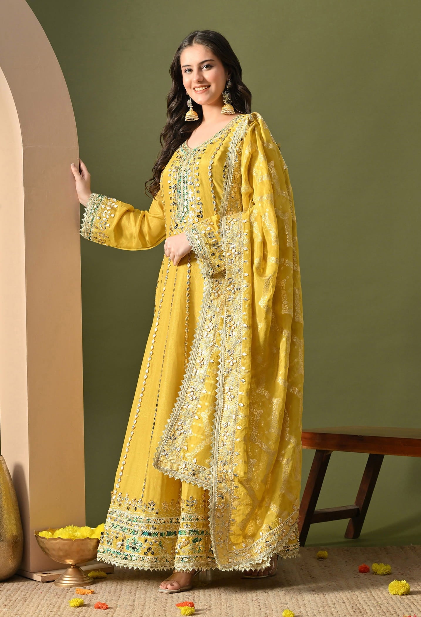 Yellow Anarkali Set with Gotta, Zardozi & Applique Work.