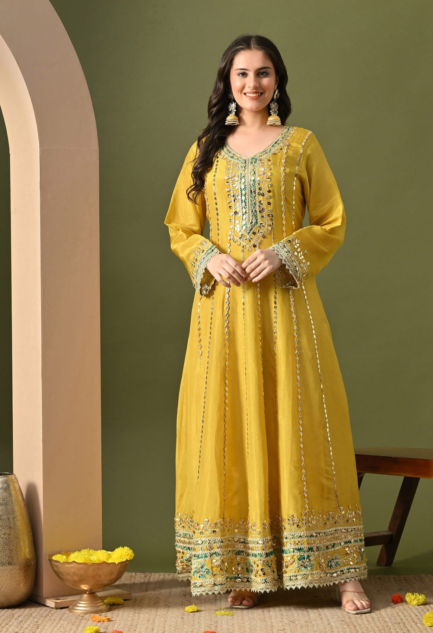 Yellow Anarkali Set with Gotta, Zardozi & Applique Work.