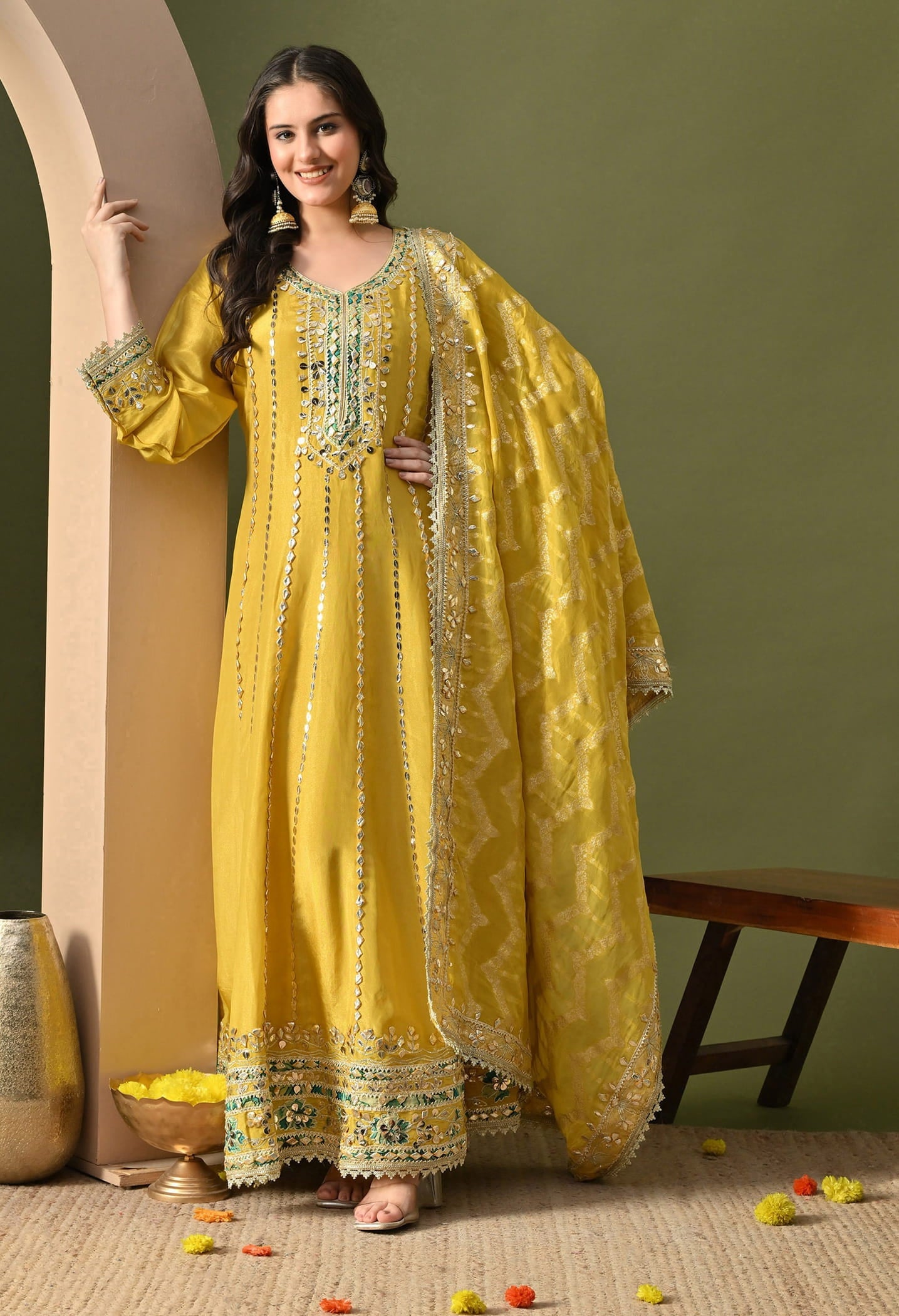 Yellow Anarkali Set with Gotta, Zardozi & Applique Work.