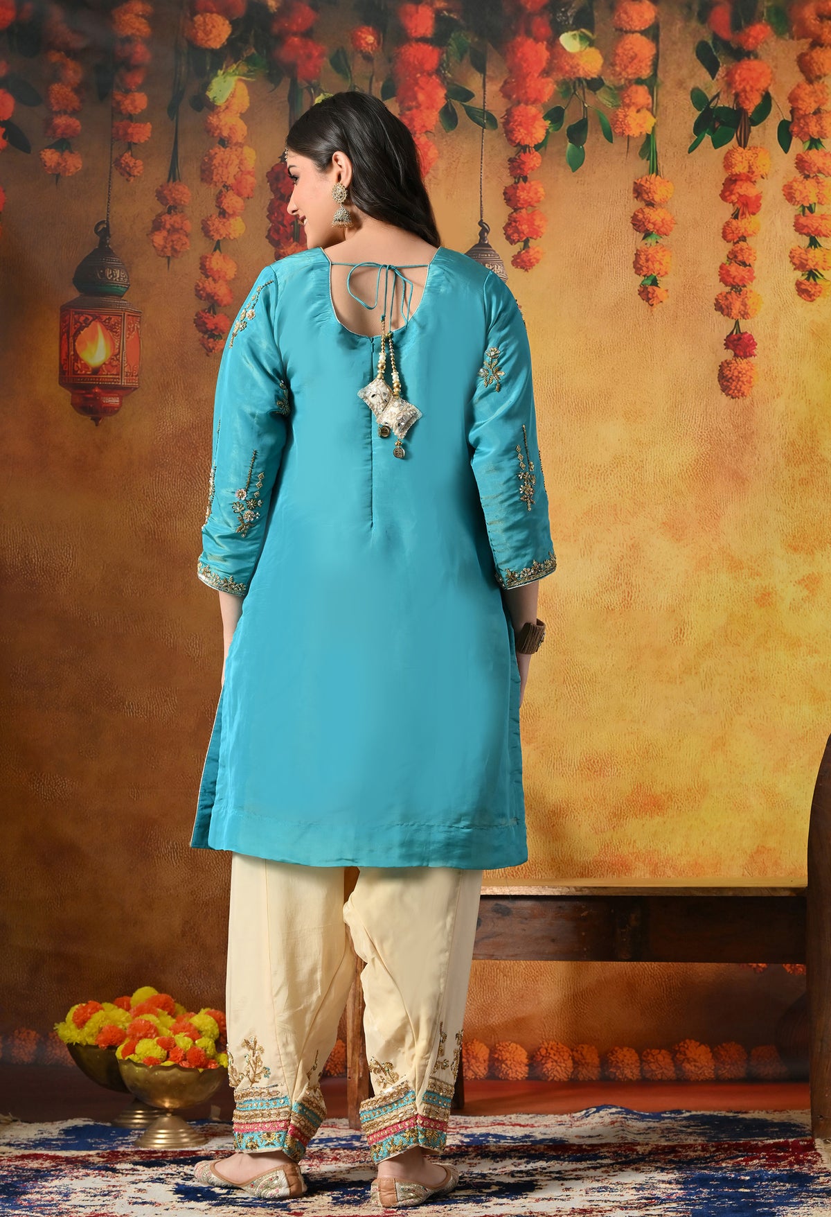 Radiant Firozi Silk Kurta Set With Zardozi, Dabka, Pearl & Mirror-Work