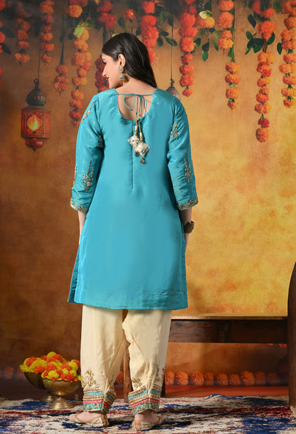 Radiant Firozi Silk Kurta Set With Zardozi, Dabka, Pearl & Mirror-Work