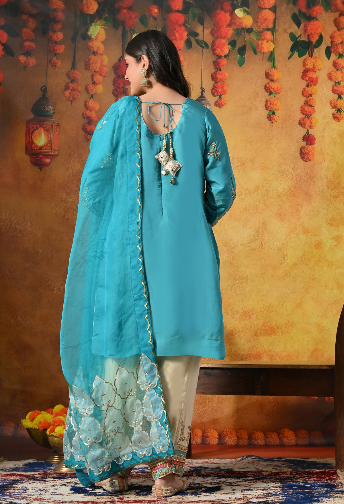 Radiant Firozi Silk Kurta Set With Zardozi, Dabka, Pearl & Mirror-Work
