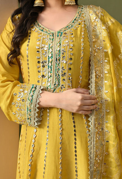 Yellow Anarkali Set with Gotta, Zardozi & Applique Work.