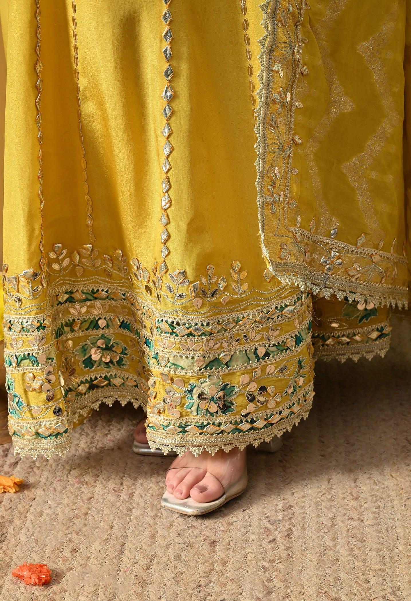 Yellow Anarkali Set with Gotta, Zardozi & Applique Work.