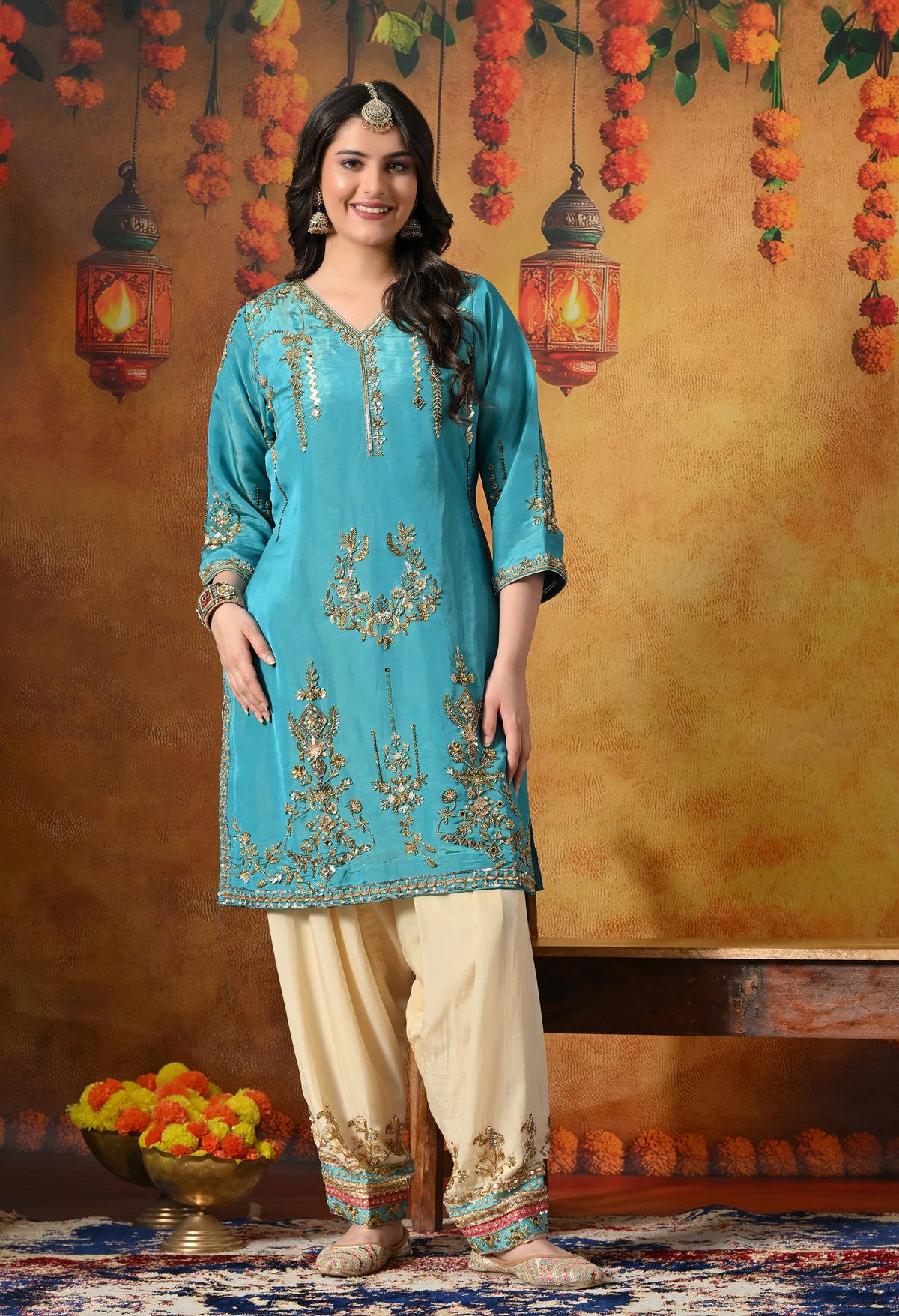 Radiant Firozi Silk Kurta Set With Zardozi, Dabka, Pearl & Mirror-Work