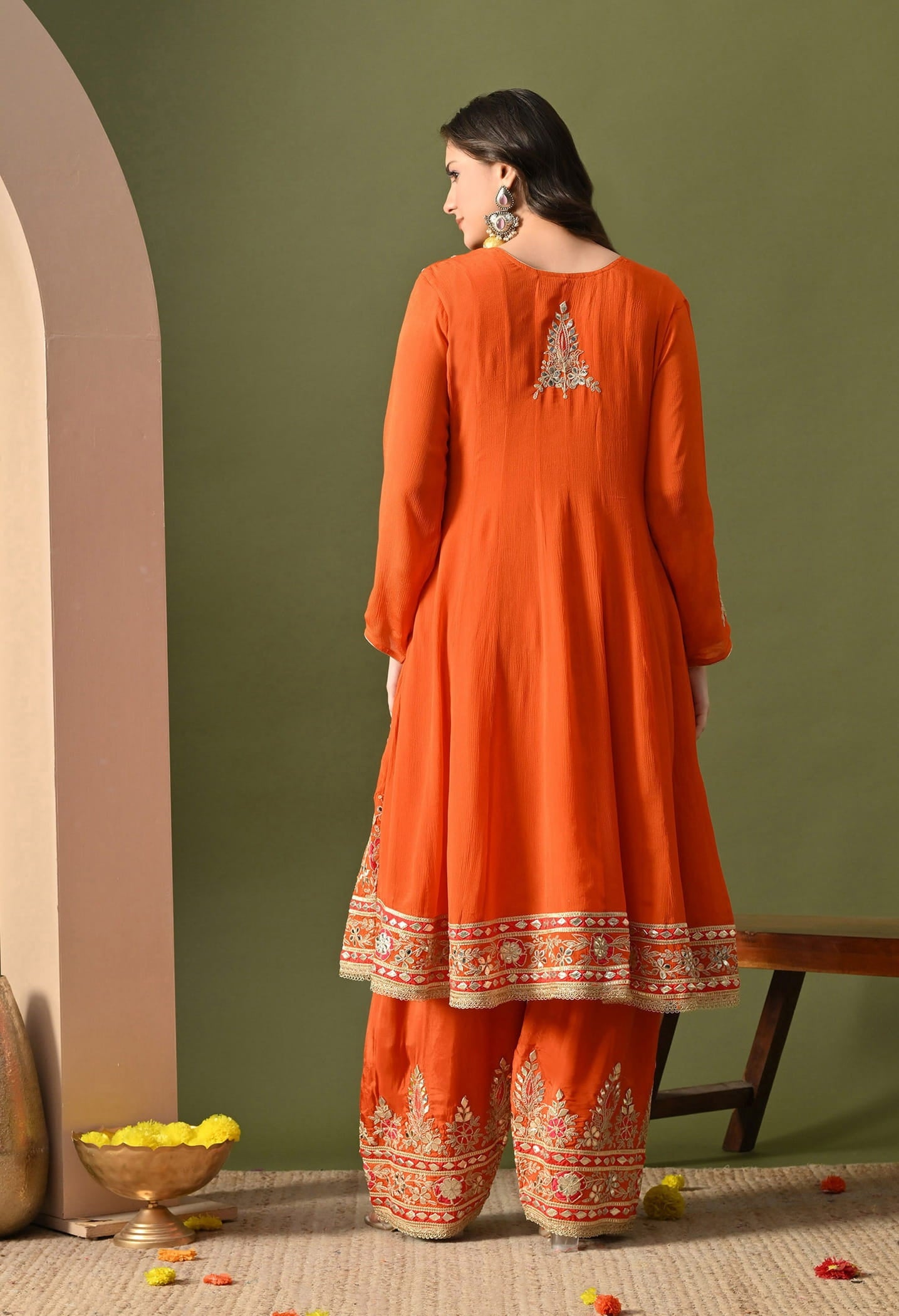 Rust Orange Kurta Set with Gotta, Zardozi, Thread & Mirror Work.