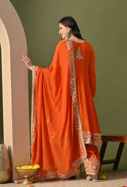 Rust Orange Kurta Set with Gotta, Zardozi, Thread & Mirror Work.