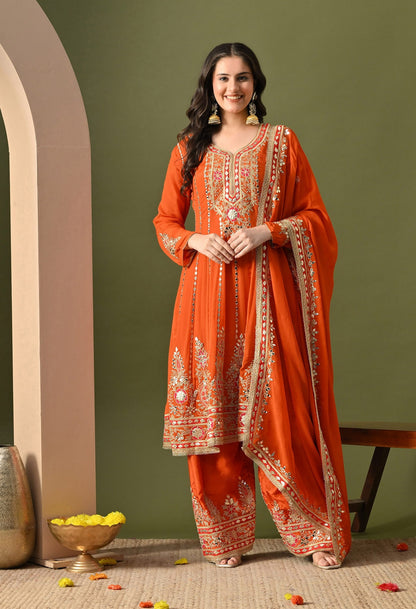 Rust Orange Kurta Set with Gotta, Zardozi, Thread & Mirror Work.