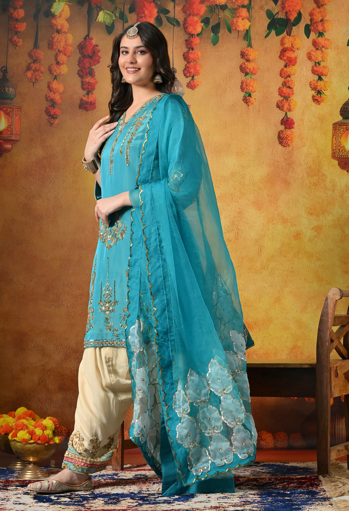 Radiant Firozi Silk Kurta Set With Zardozi, Dabka, Pearl & Mirror-Work