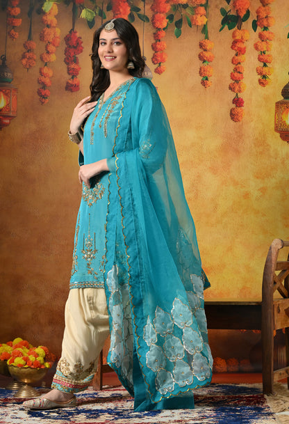 Radiant Firozi Silk Kurta Set With Zardozi, Dabka, Pearl & Mirror-Work