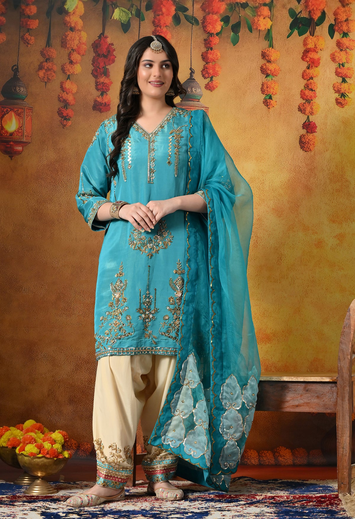 Radiant Firozi Silk Kurta Set With Zardozi, Dabka, Pearl & Mirror-Work