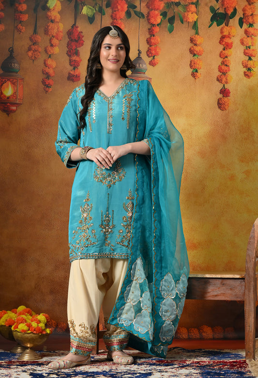 Radiant Firozi Silk Kurta Set With Zardozi, Dabka, Pearl & Mirror-Work
