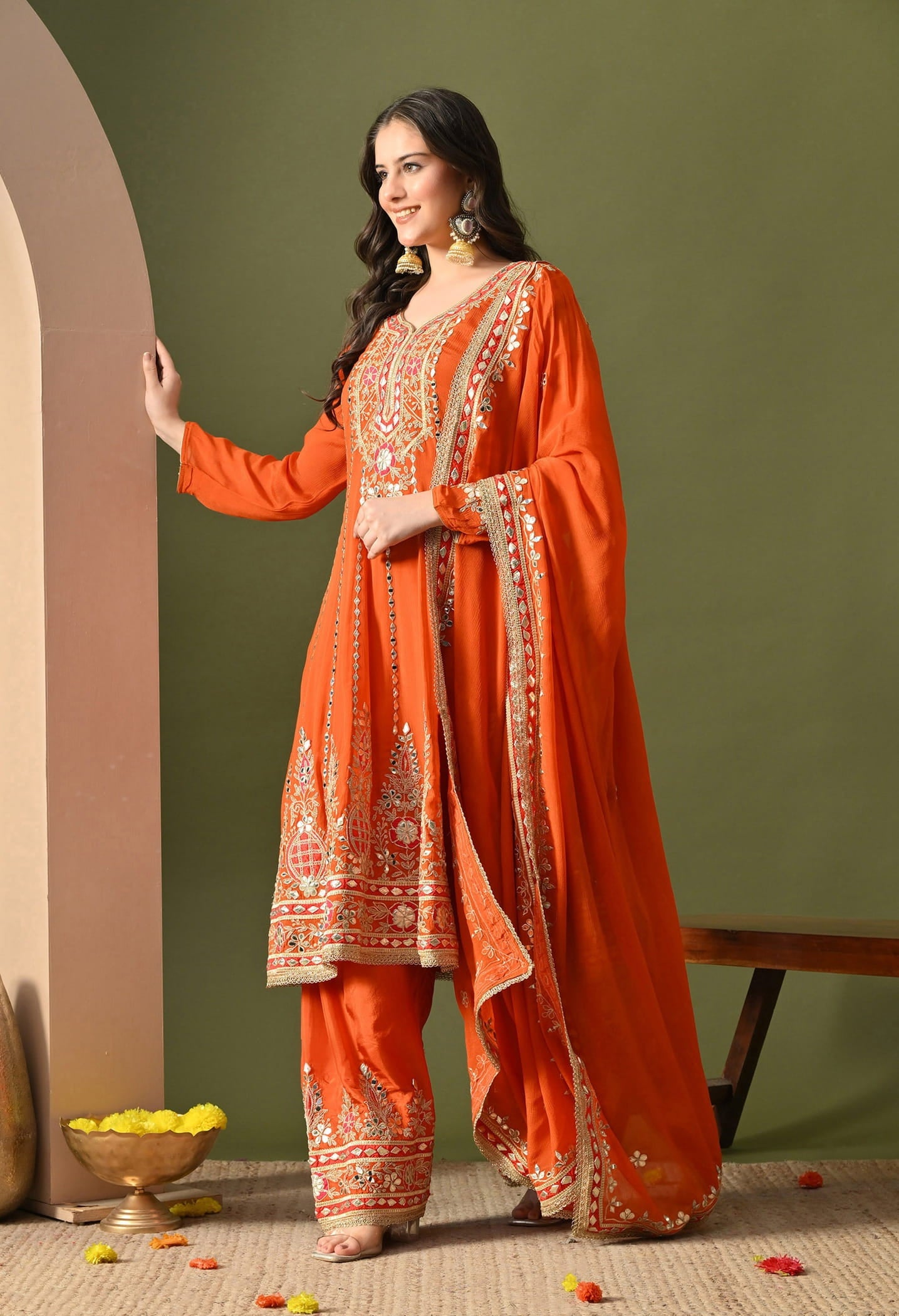 Rust Orange Kurta Set with Gotta, Zardozi, Thread & Mirror Work.