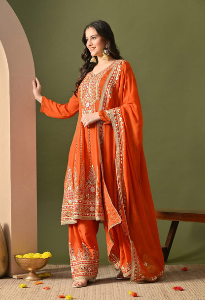 Rust Orange Kurta Set with Gotta, Zardozi, Thread & Mirror Work.