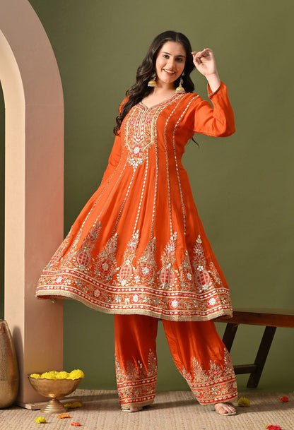 Rust Orange Kurta Set with Gotta, Zardozi, Thread & Mirror Work.