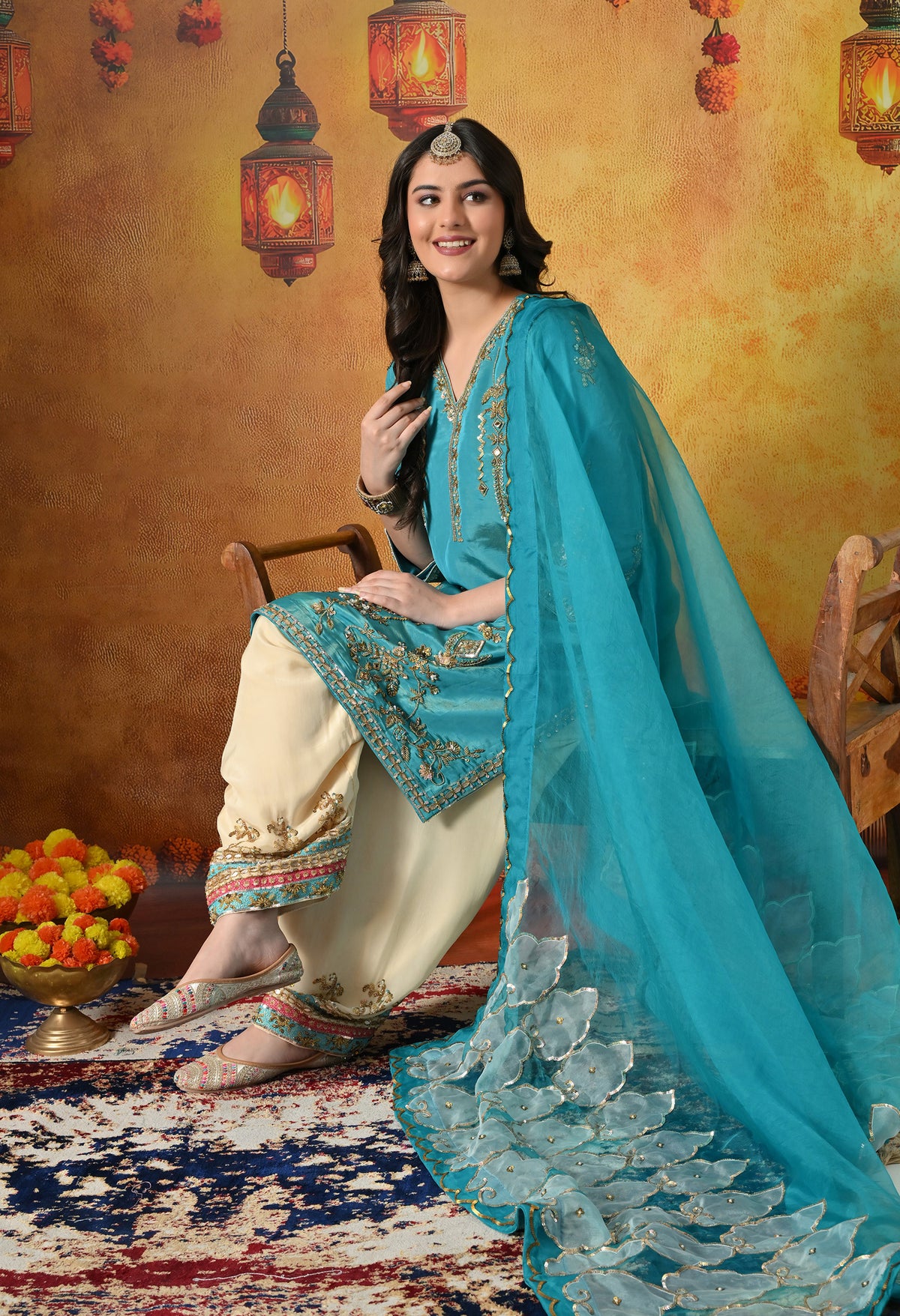 Radiant Firozi Silk Kurta Set With Zardozi, Dabka, Pearl & Mirror-Work