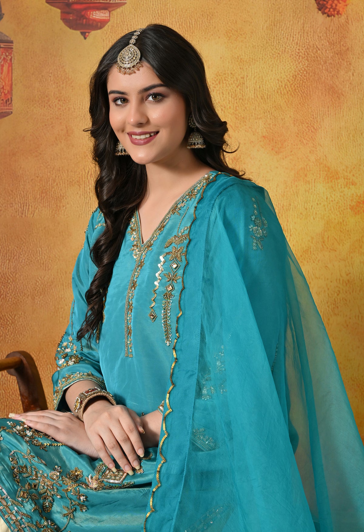 Radiant Firozi Silk Kurta Set With Zardozi, Dabka, Pearl & Mirror-Work