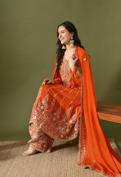 Rust Orange Kurta Set with Gotta, Zardozi, Thread & Mirror Work.