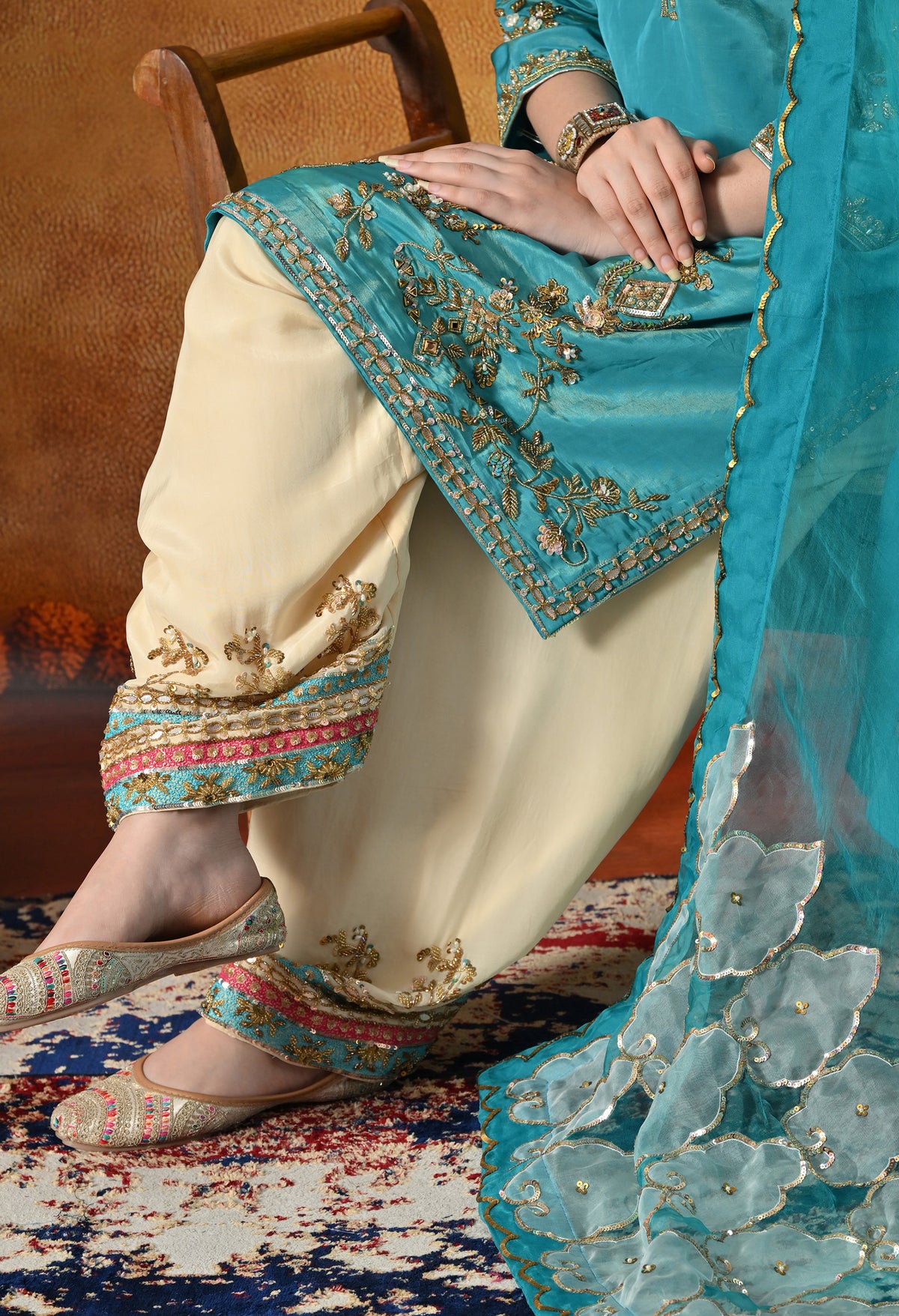 Radiant Firozi Silk Kurta Set With Zardozi, Dabka, Pearl & Mirror-Work