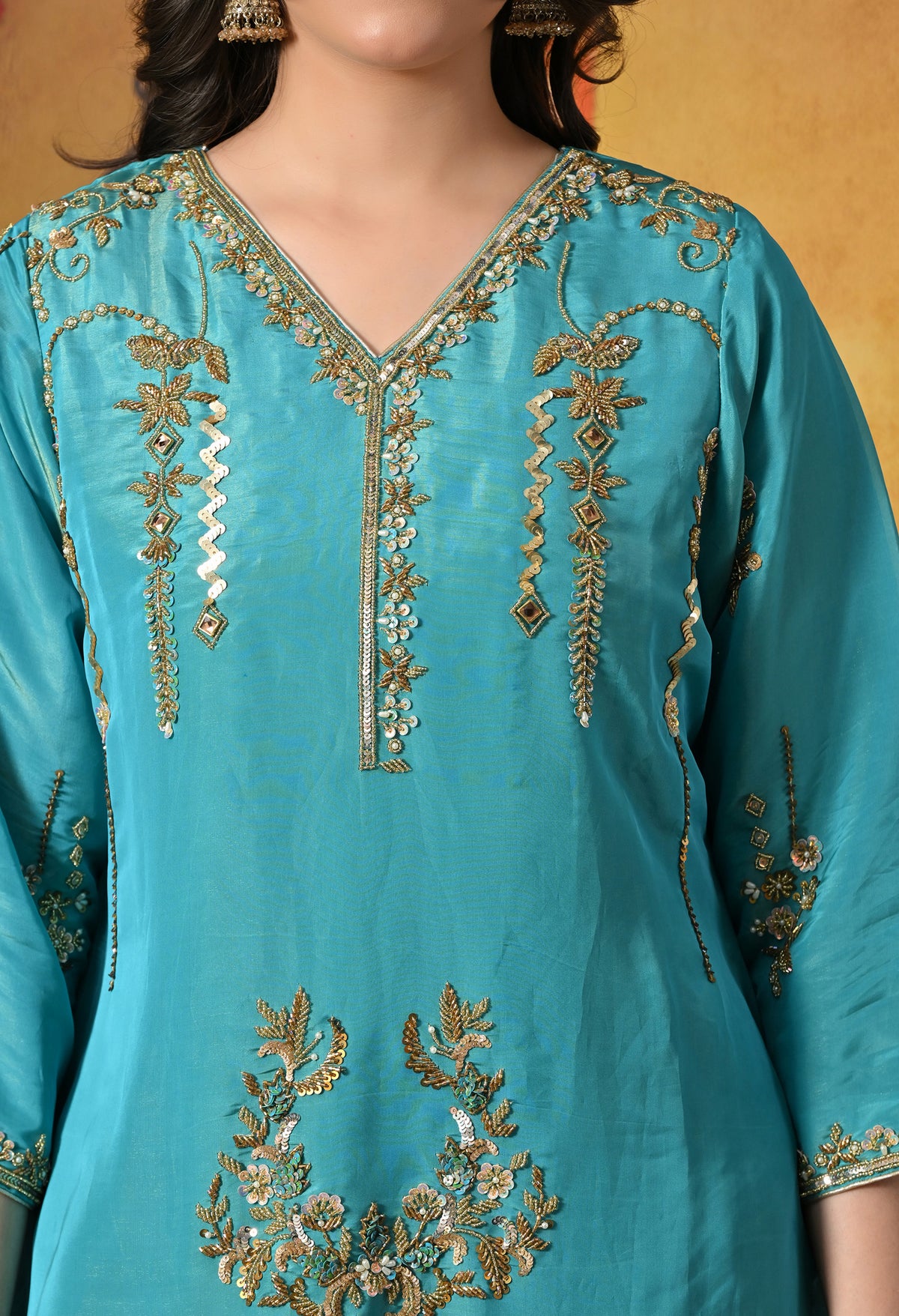 Radiant Firozi Silk Kurta Set With Zardozi, Dabka, Pearl & Mirror-Work