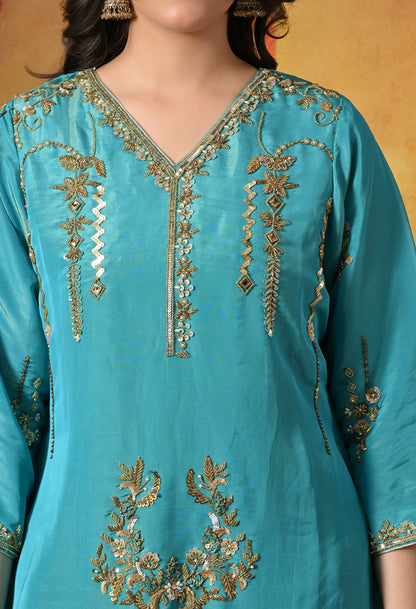 Radiant Firozi Silk Kurta Set With Zardozi, Dabka, Pearl & Mirror-Work