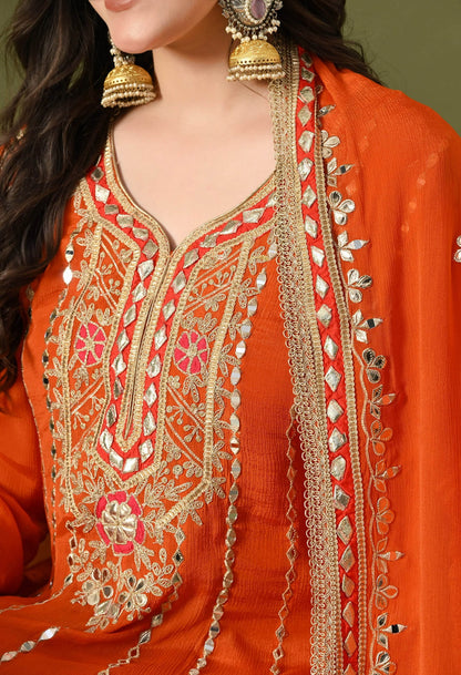 Rust Orange Kurta Set with Gotta, Zardozi, Thread & Mirror Work.