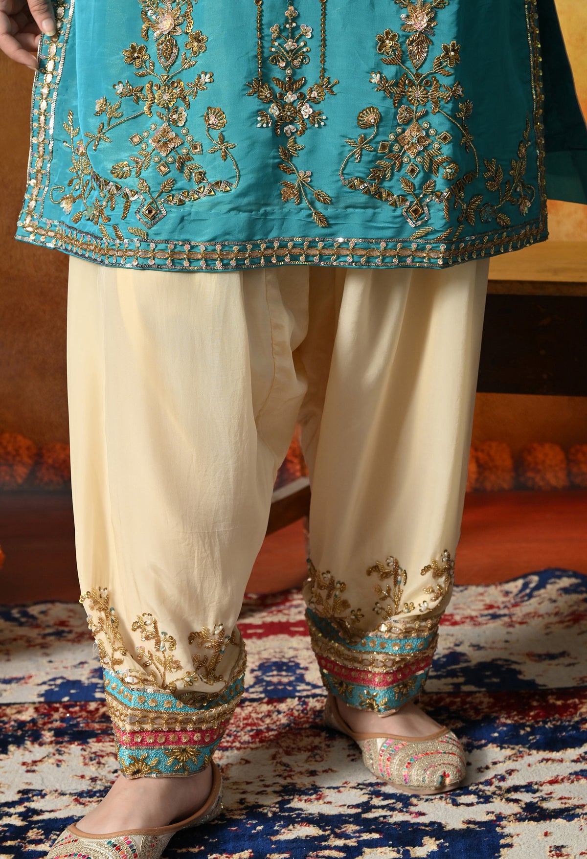 Radiant Firozi Silk Kurta Set With Zardozi, Dabka, Pearl & Mirror-Work