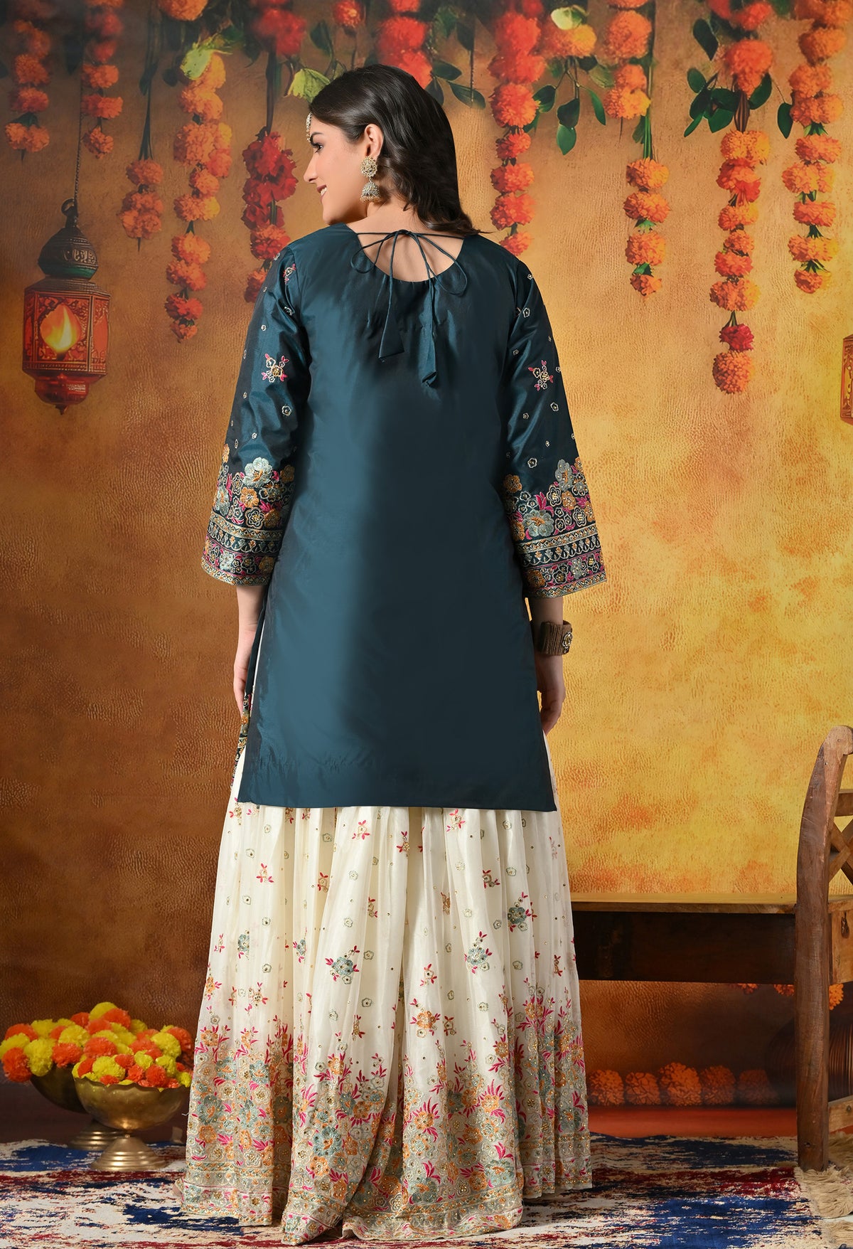 Regal Teal Silk Gharara Set With Zardozi, Thread & Crystal Work