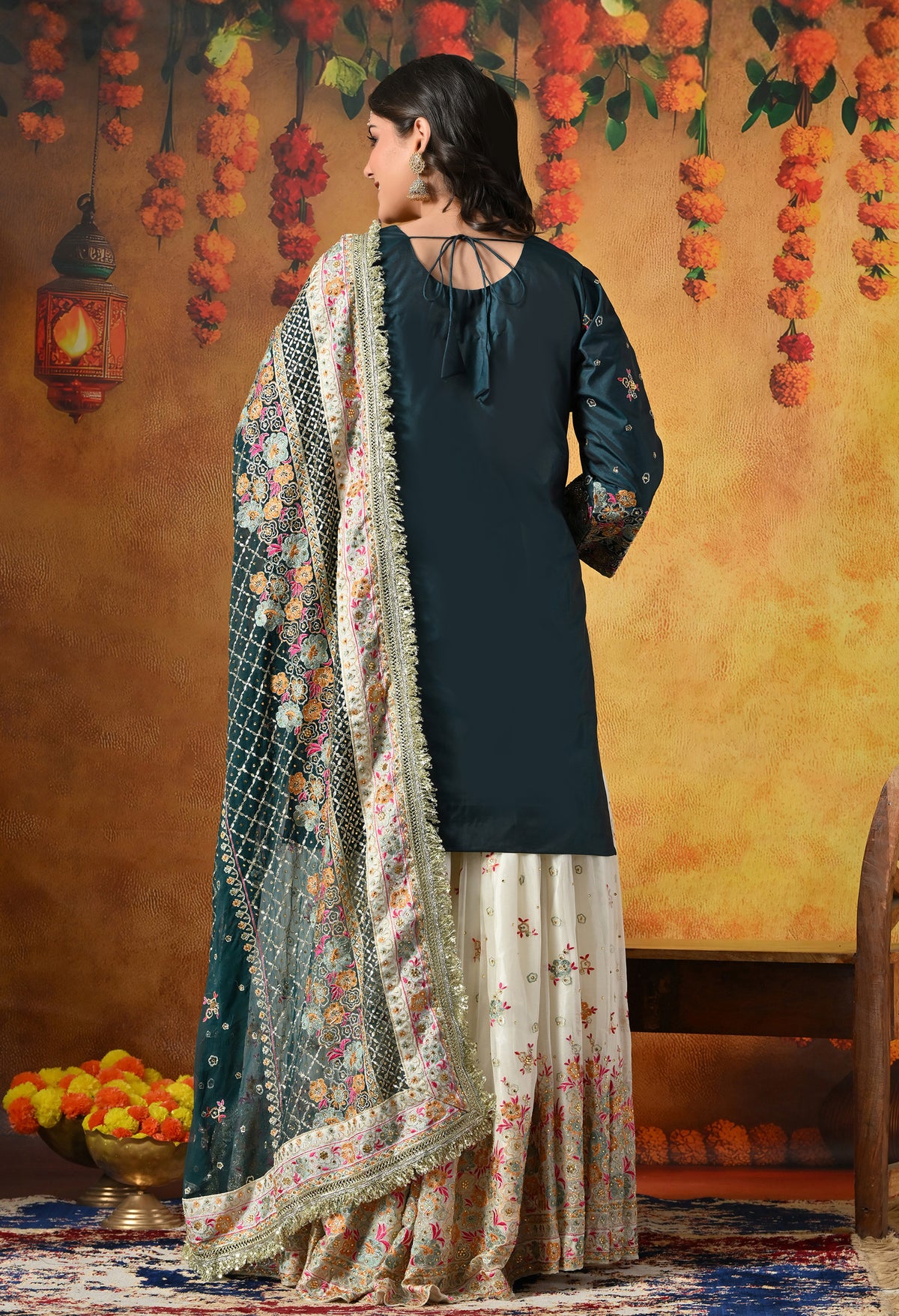 Regal Teal Silk Gharara Set With Zardozi, Thread & Crystal Work