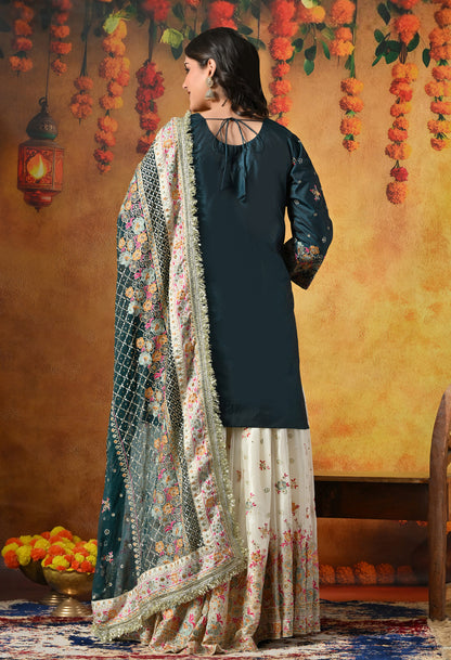 Regal Teal Silk Gharara Set With Zardozi, Thread & Crystal Work