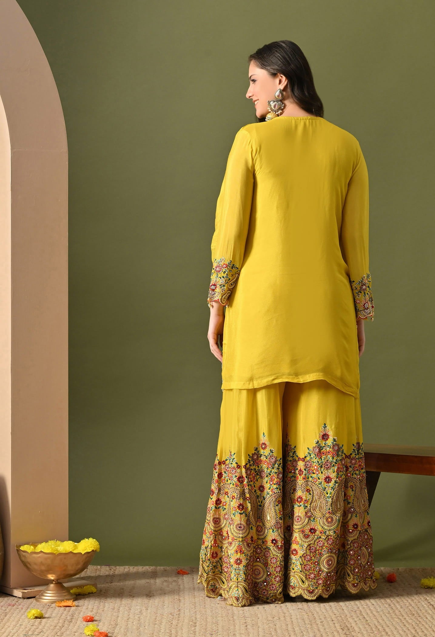 Yellow Sharara Set with Thread, Mirror, Crystal & Pearl Work.