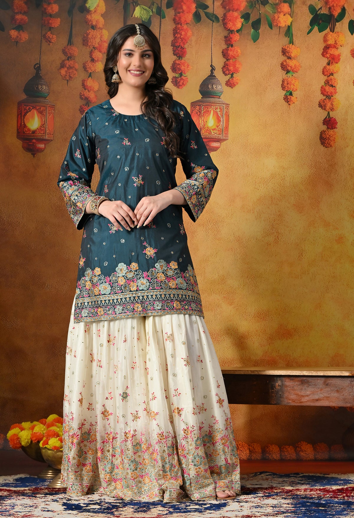 Regal Teal Silk Gharara Set With Zardozi, Thread & Crystal Work