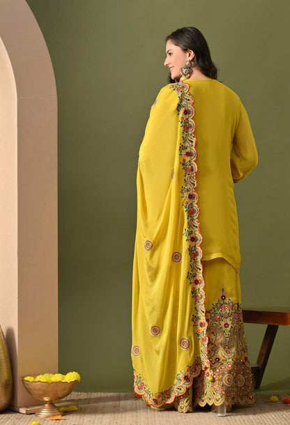 Yellow Sharara Set with Thread, Mirror, Crystal & Pearl Work.