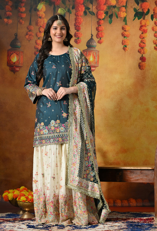 Regal Teal Silk Gharara Set With Zardozi, Thread & Crystal Work
