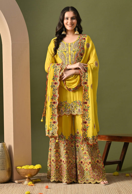 Yellow Sharara Set with Thread, Mirror, Crystal & Pearl Work.