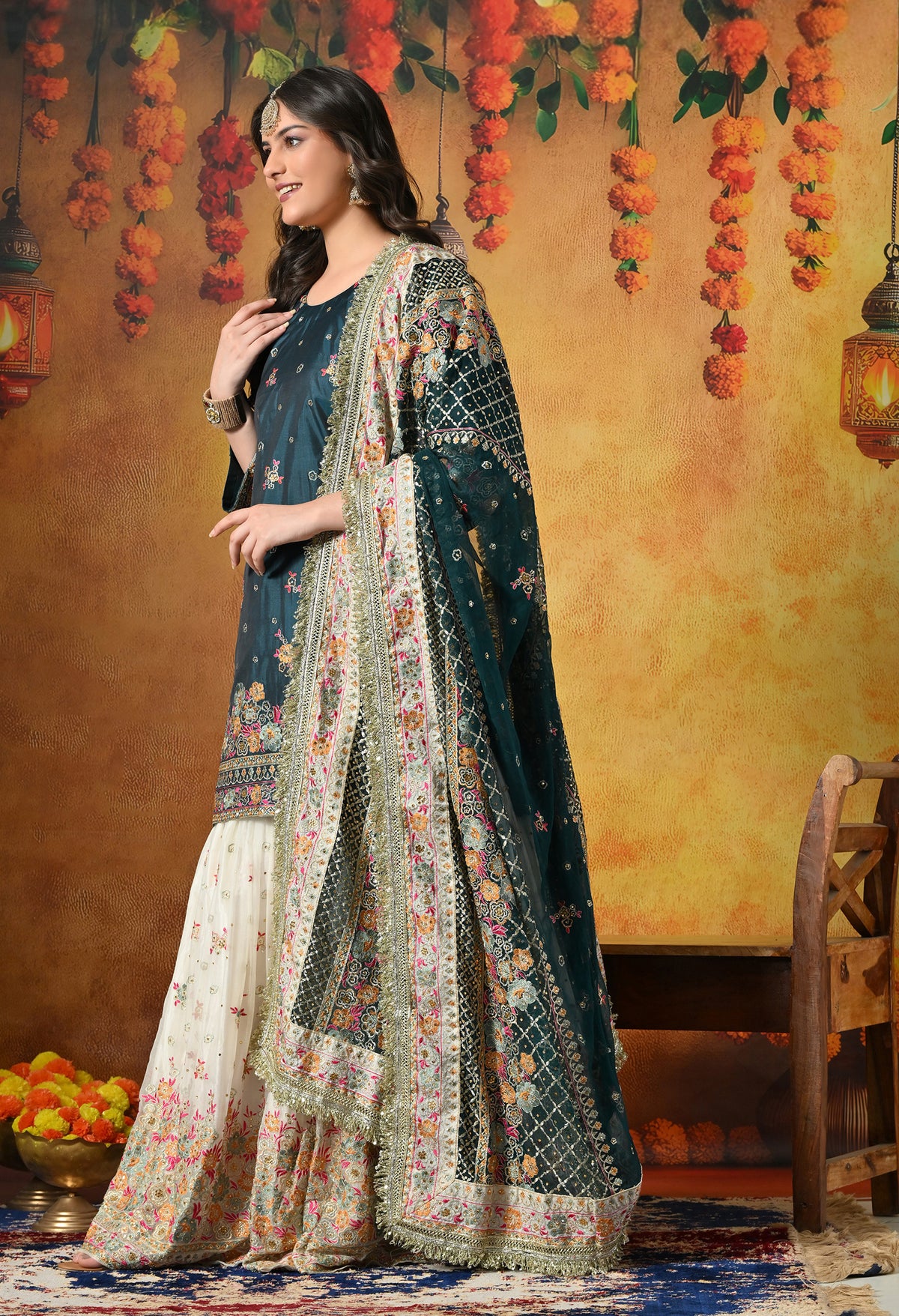 Regal Teal Silk Gharara Set With Zardozi, Thread & Crystal Work