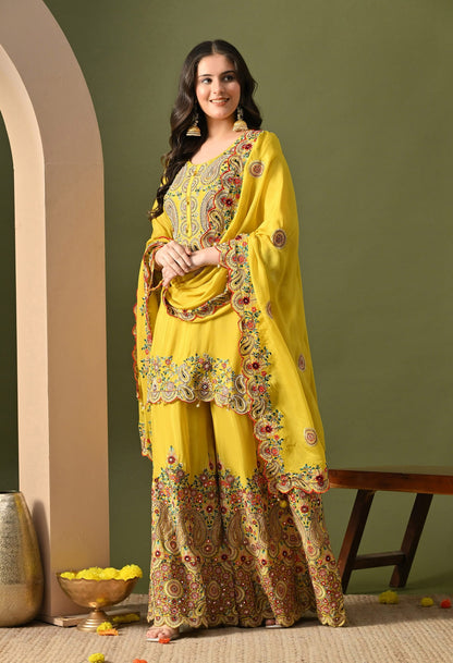 Yellow Sharara Set with Thread, Mirror, Crystal & Pearl Work.