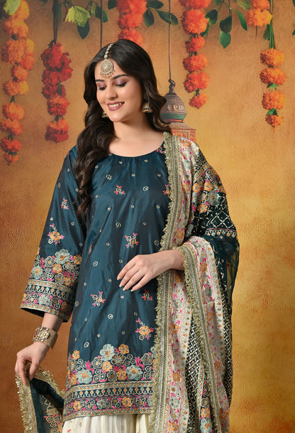 Regal Teal Silk Gharara Set With Zardozi, Thread & Crystal Work