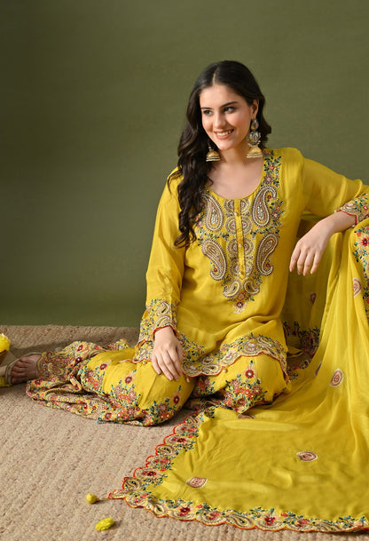 Yellow Sharara Set with Thread, Mirror, Crystal & Pearl Work.