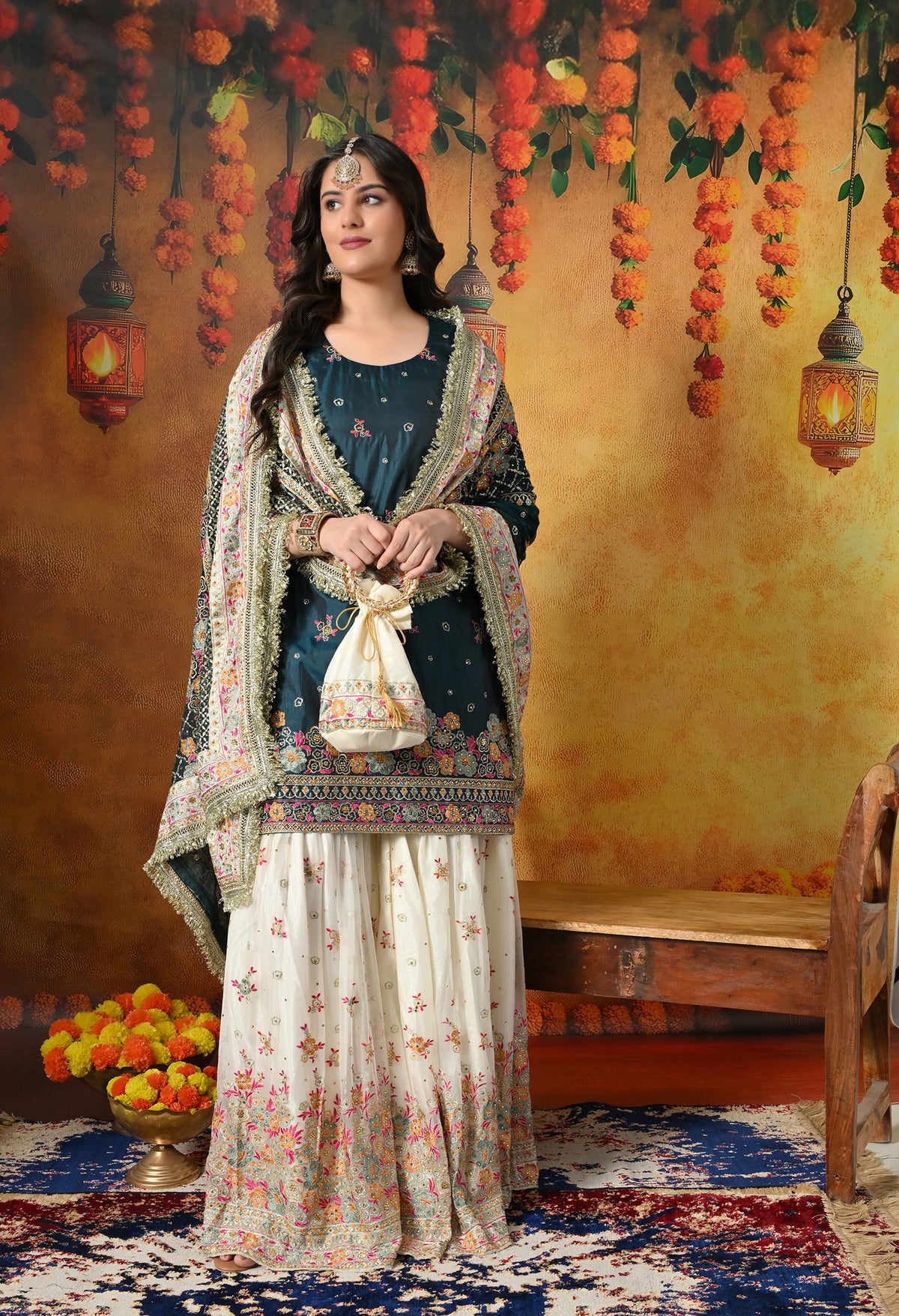 Regal Teal Silk Gharara Set With Zardozi, Thread & Crystal Work